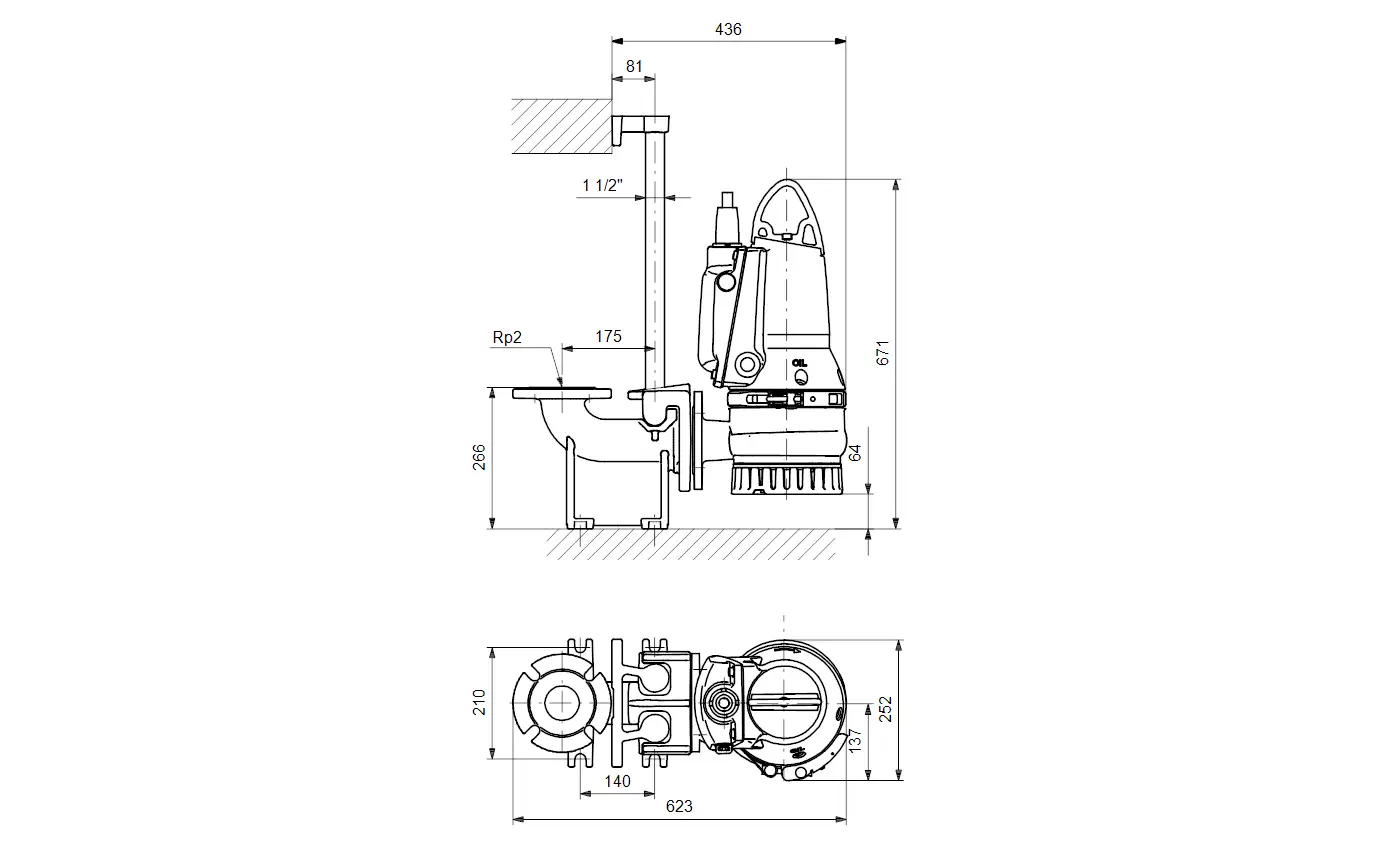 Tauchmotorpumpe von Grundfos mit horizontaler Bauweise, dargestellt in technischen Zeichnungen mit Maßangaben für Installation und Anschluss.